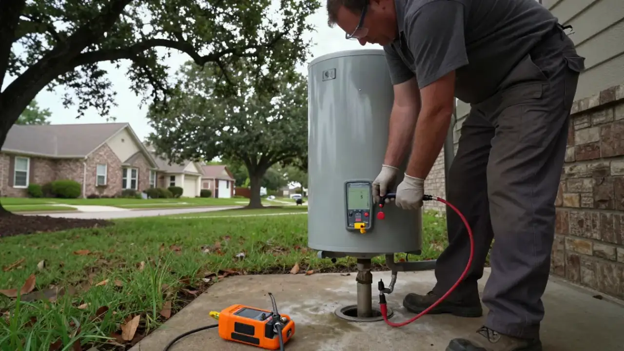 Heat Pump Unit Installation in Katy, Texas: licensed plumber running a condensate drain line from a newly installed heat