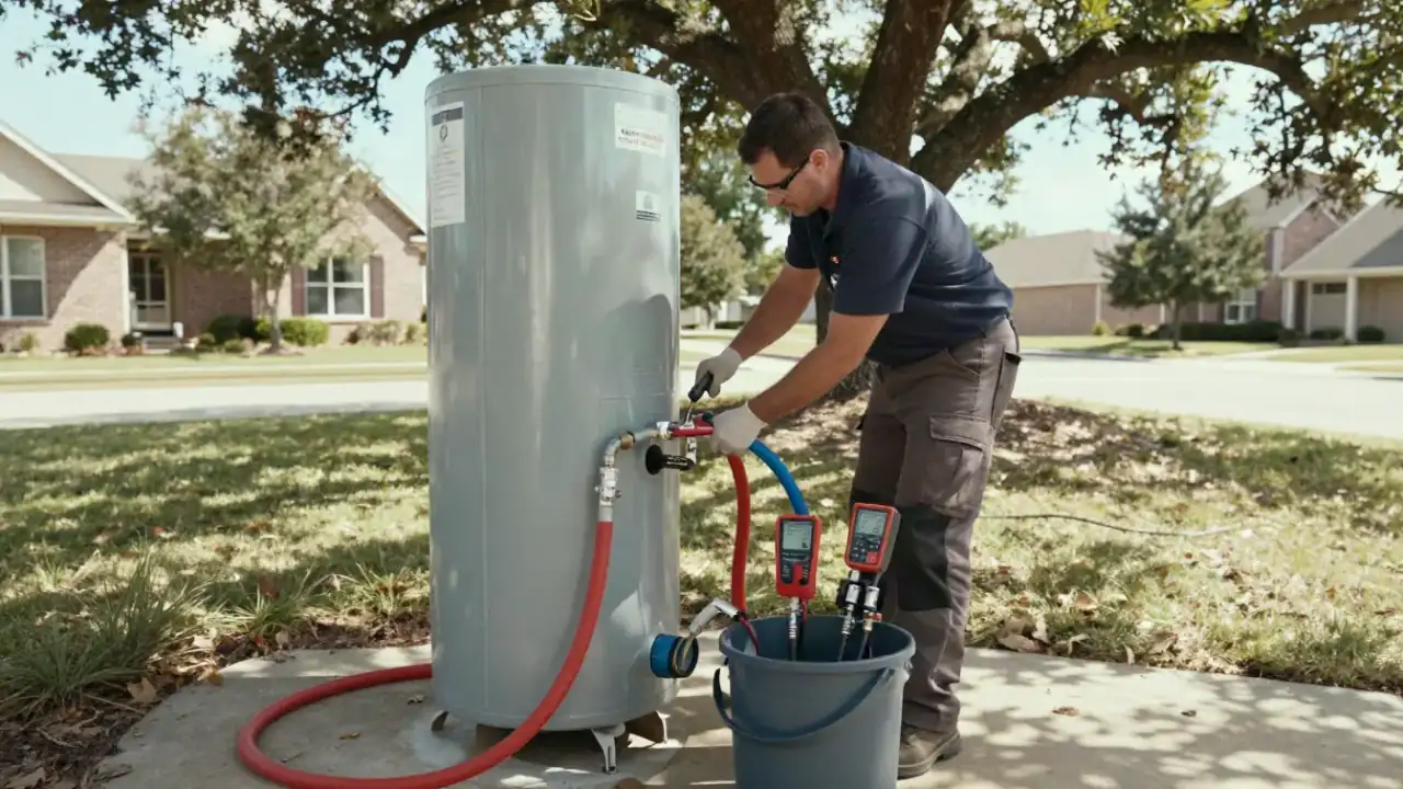 Water Heater Repair in Katy, Texas: licensed plumber connecting a set of red and blue hoses to a tankless water heater for a