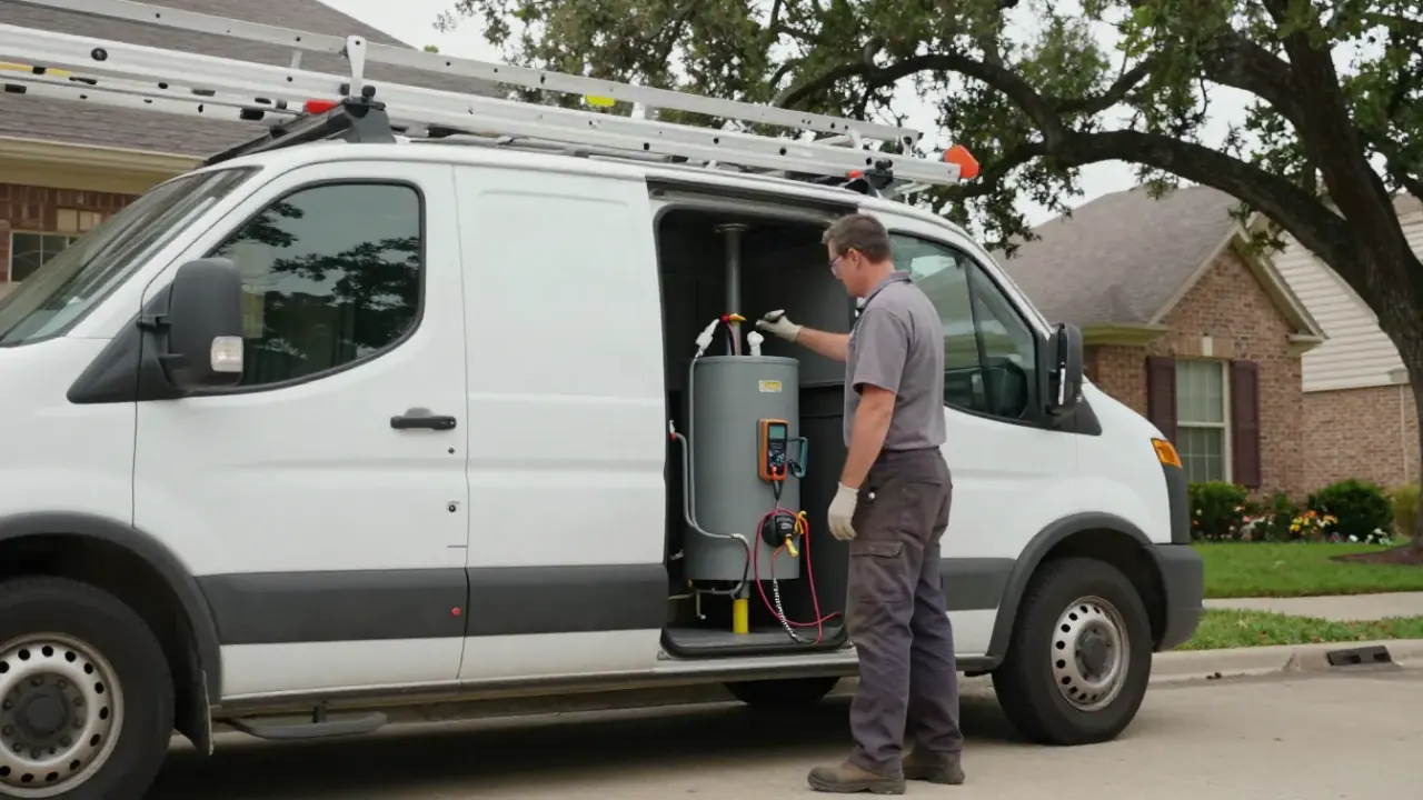 Water Heater Repair in Katy, Texas: side profile of a white, clean service van with a simple ladder rack parked in front of
