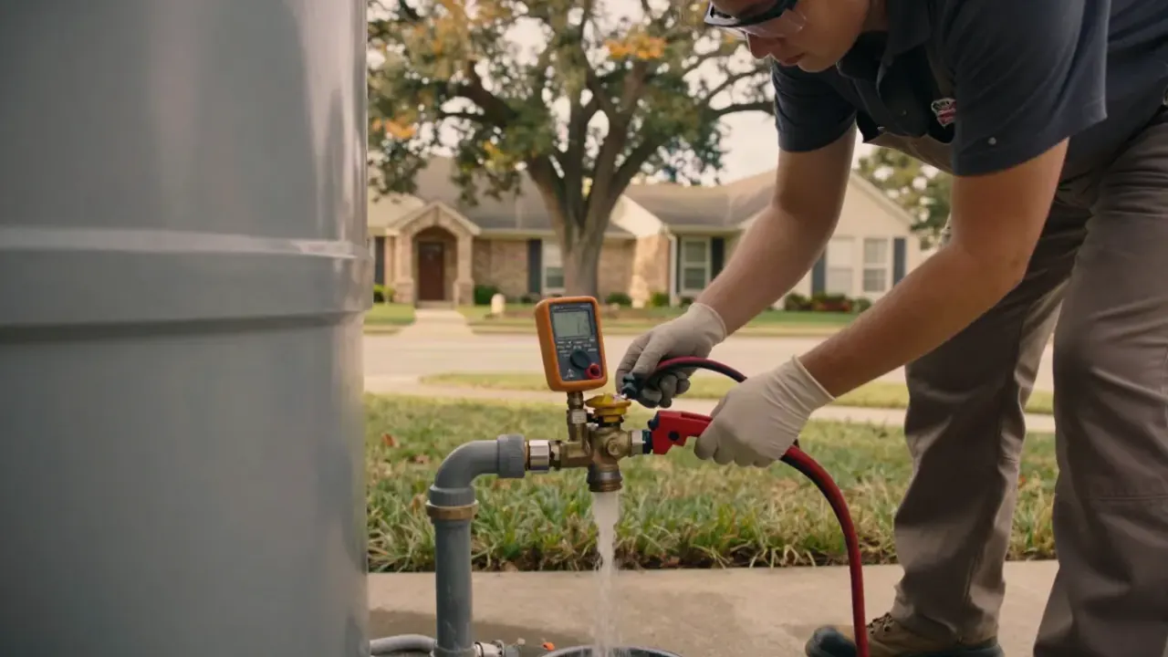 Water Heater Repair in Katy, Texas: close-up on a water heater's pressure relief valve discharging a small amount of water