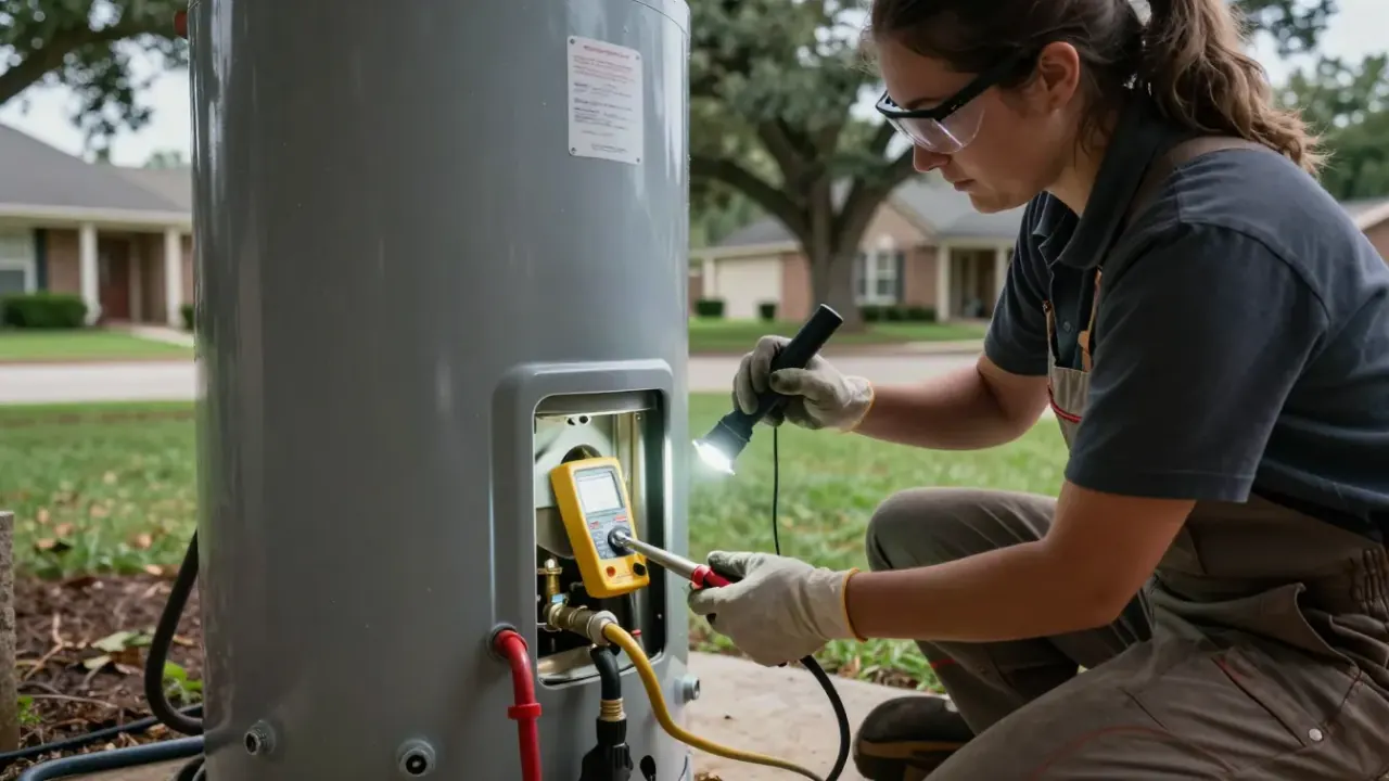 Water Heater Repair in Katy, Texas: licensed plumber kneeling to inspect the burner assembly of a gas water heater, using a