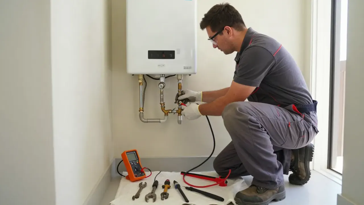 Tankless Unit Repair in Katy, Texas: licensed plumber replacing a faulty flow sensor inside a wall-mounted tankless water