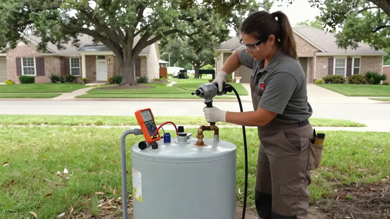 Anode Rod and Tank Flush Maintenance in Katy, Texas: licensed plumber removing an old, corroded anode rod from the top of a