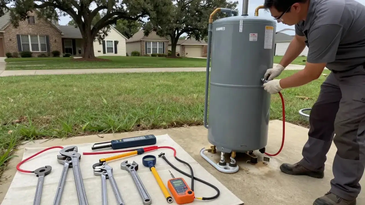 Water Heater Repair in Katy, Texas: detailed shot of various specialized plumbing tools, like pipe wrenches, basin wrench