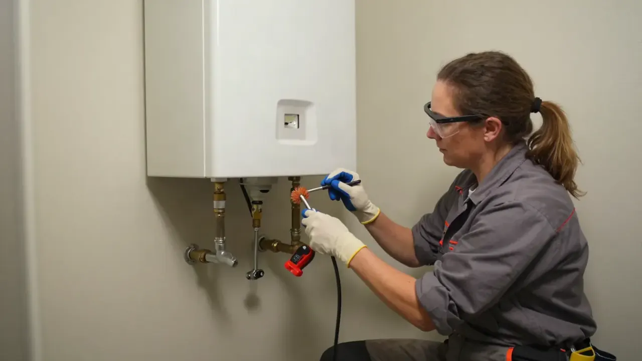 Pilot Light and Thermocouple Repair in Katy, Texas: licensed plumber cleaning a clogged pilot light orifice with a small