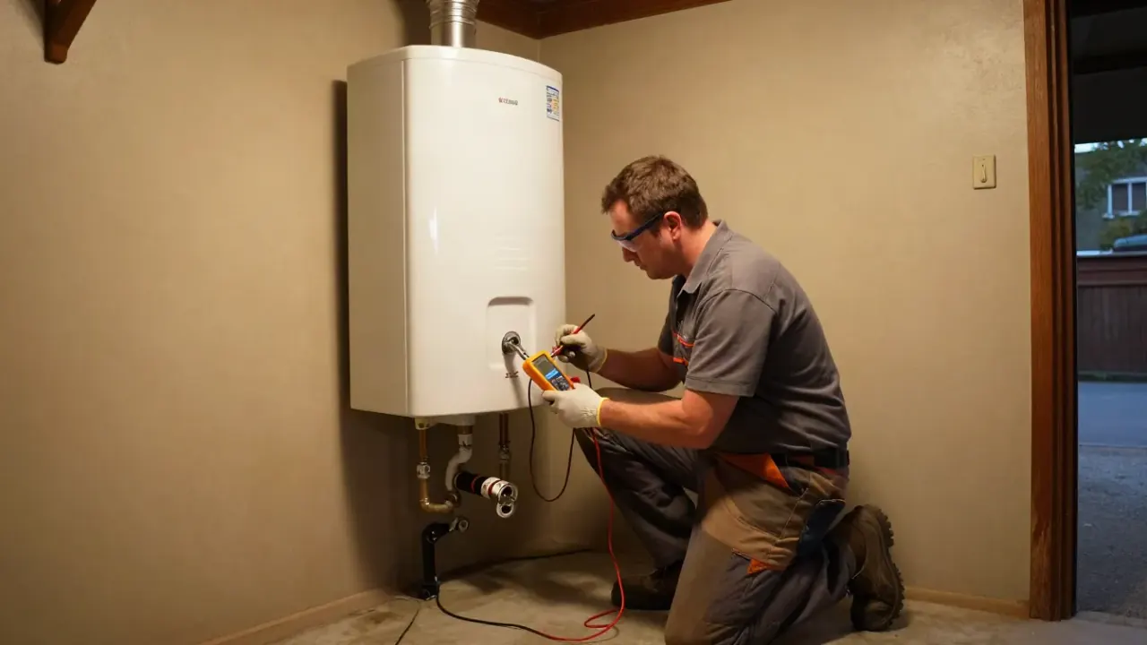 Not Heating Troubleshooting in Katy, Texas: licensed plumber testing the continuity of an electric heating element with a