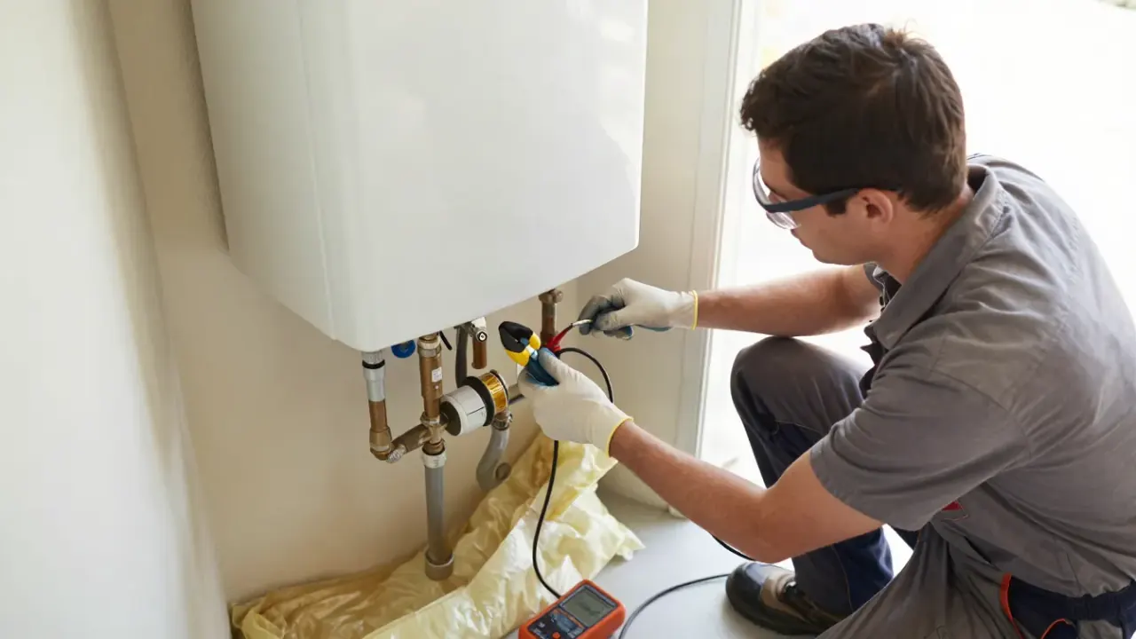 Electric Element and Thermostat Replacement in Katy, Texas: licensed plumber connecting wires to a new upper thermostat