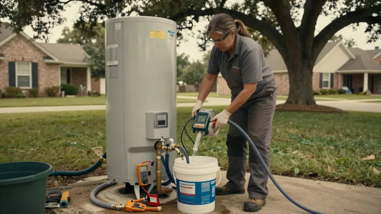 Tankless Flush and Descaling in Katy, Texas: licensed plumber pouring a descaling solution into a bucket connected to a