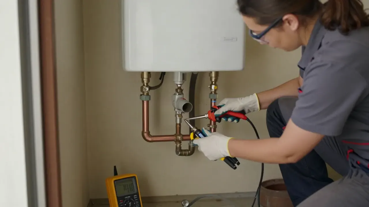 Tank Replacement in Katy, Texas: licensed plumber soldering copper pipes to connect the new hot and cold water lines to a